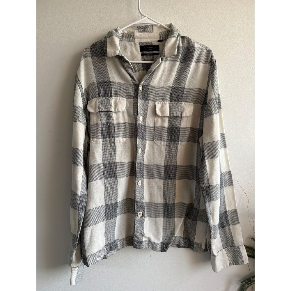 AllSaints Mens Relaxed Fit Plaid Button Down Shirt White Grey‎ Large Dual Pocket